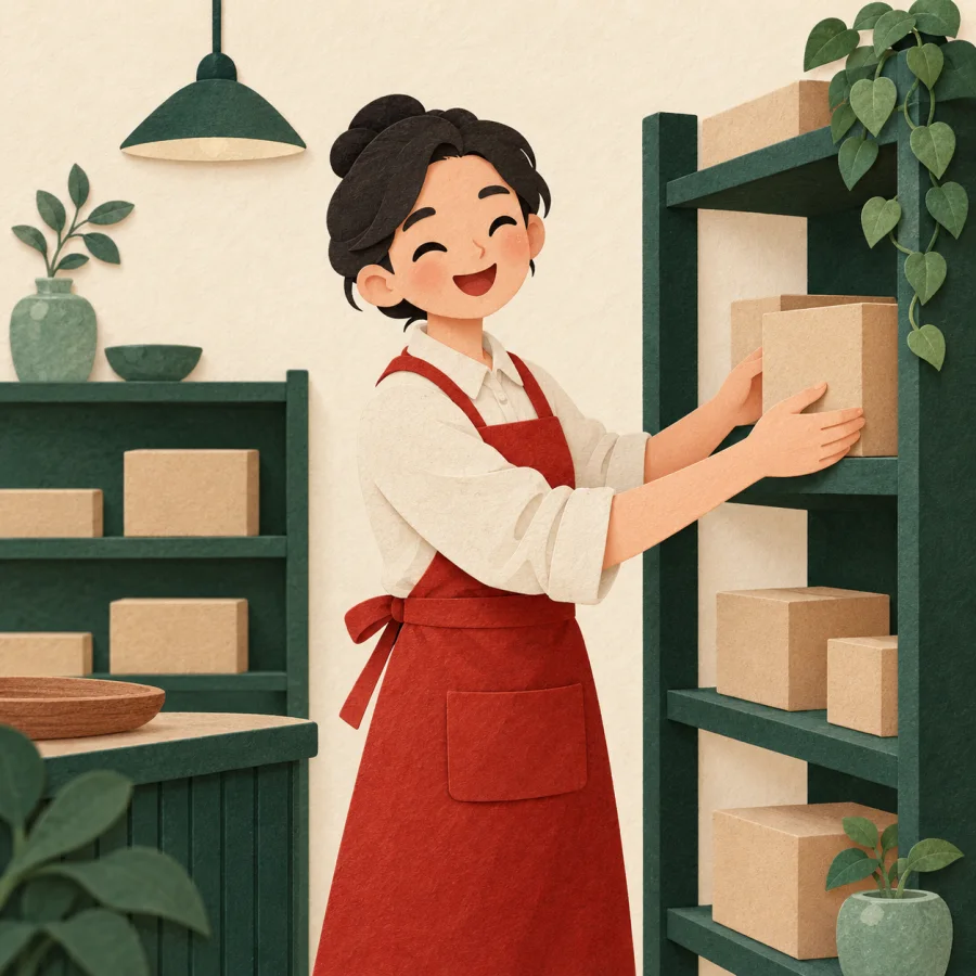 A smiling worker in a red apron arranges boxes on a shelf.