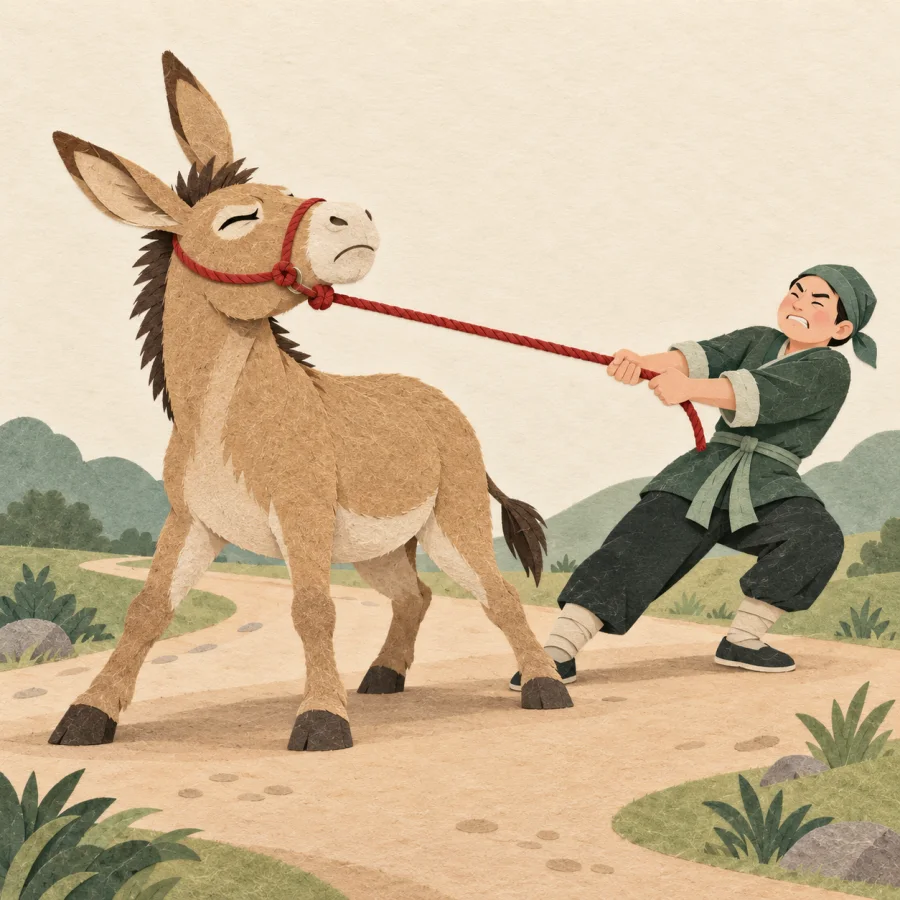 A donkey digs in its heels while a person pulls its rope.