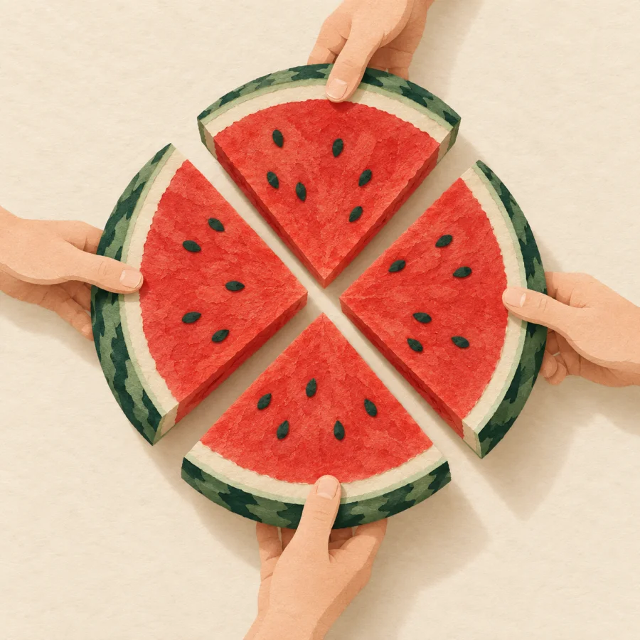 Many hands each take a slice from a big cut watermelon.