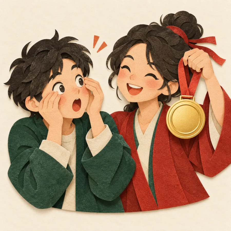 A person rubs their eyes, looking at a friend with a gold medal.
