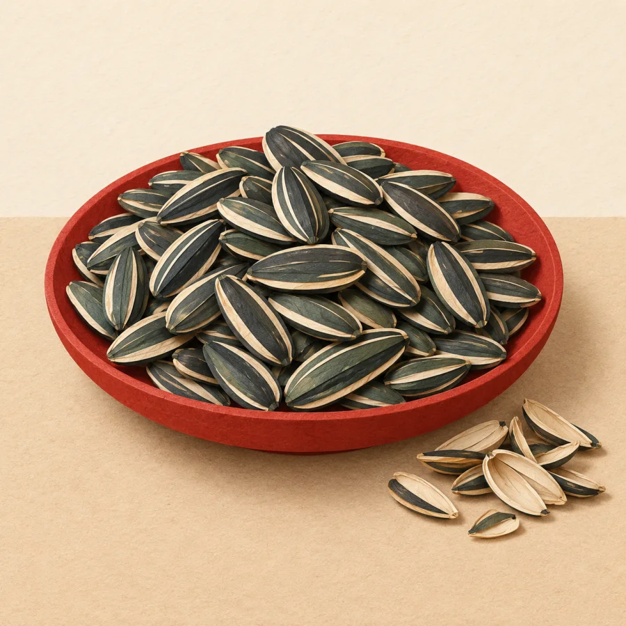 A plate heaped with seeds and a pile of shells beside it.