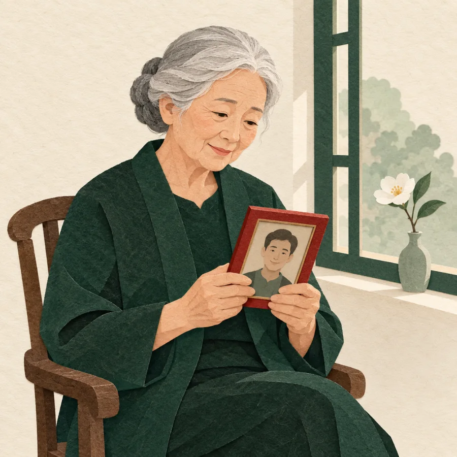An older woman by a window holds a framed portrait.