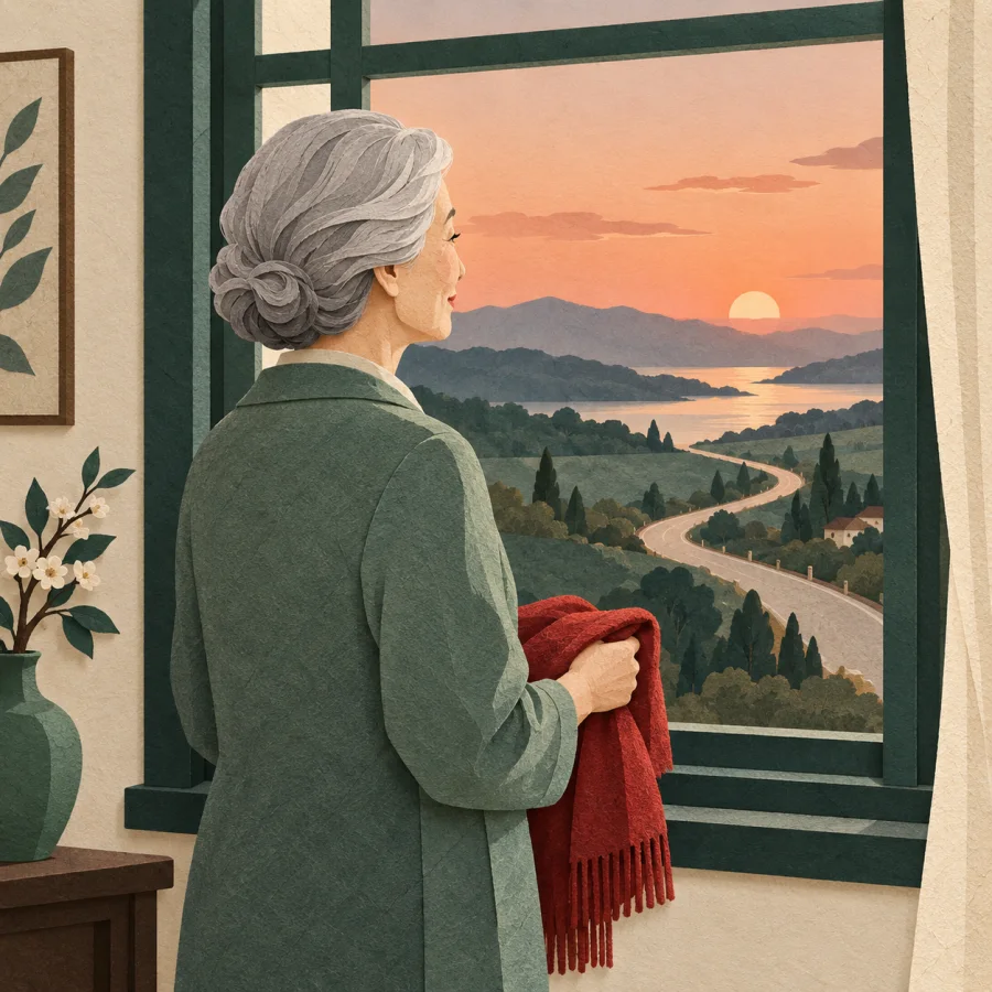An older person with a scarf gazes from a window at a distant road.