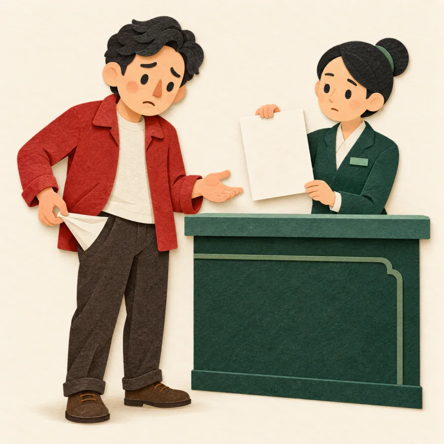 A worried person turns out an empty pocket at a counter.