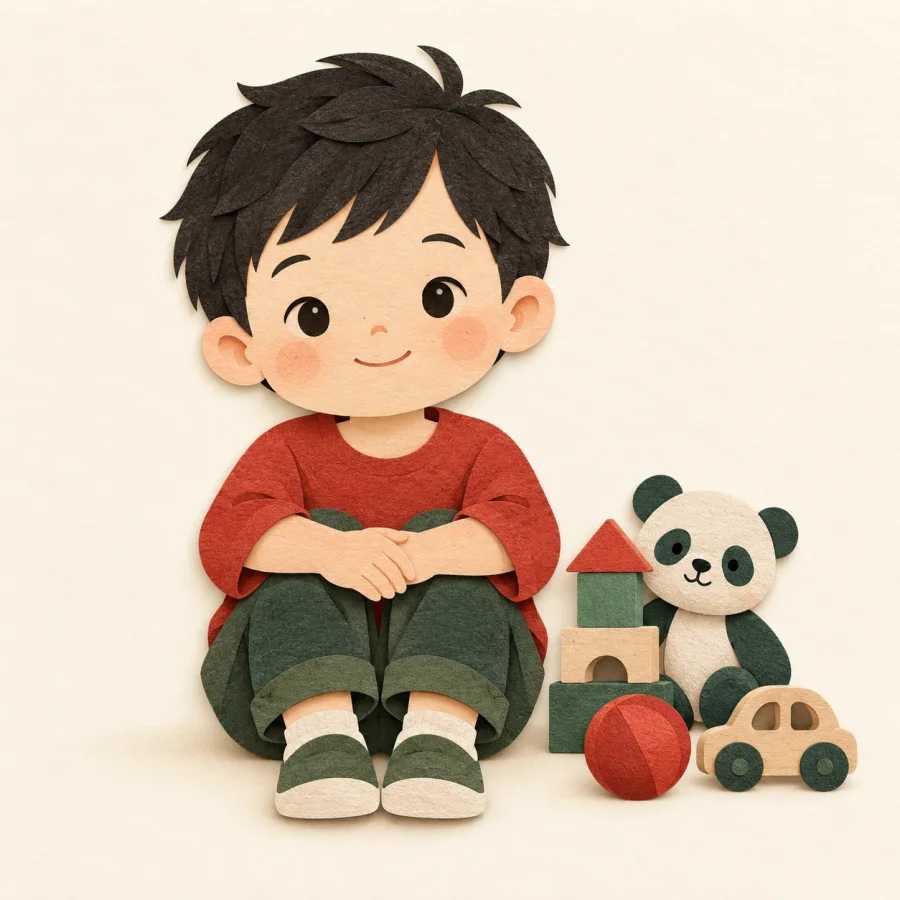 A small child sits quietly with hands on knees beside neat toys.