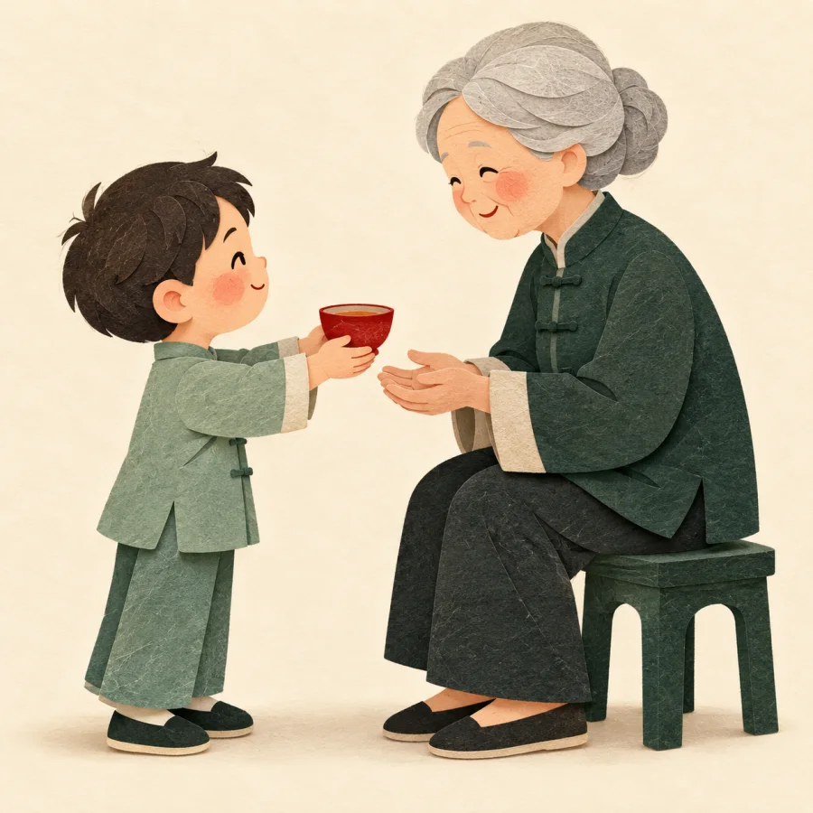 A child offers a cup of tea to a seated elder with both hands.