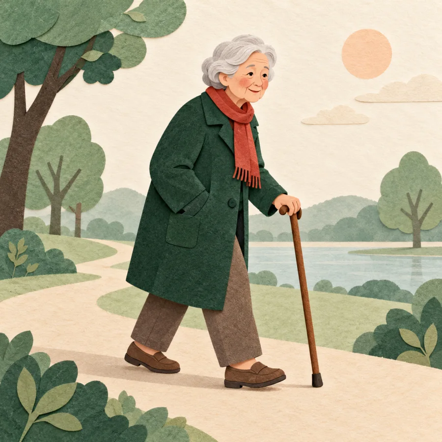 An elderly person walks slowly along a path with a wooden cane.
