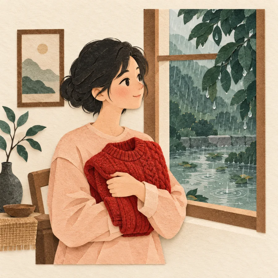 A person at a window smiles at wet puddles and dripping leaves.