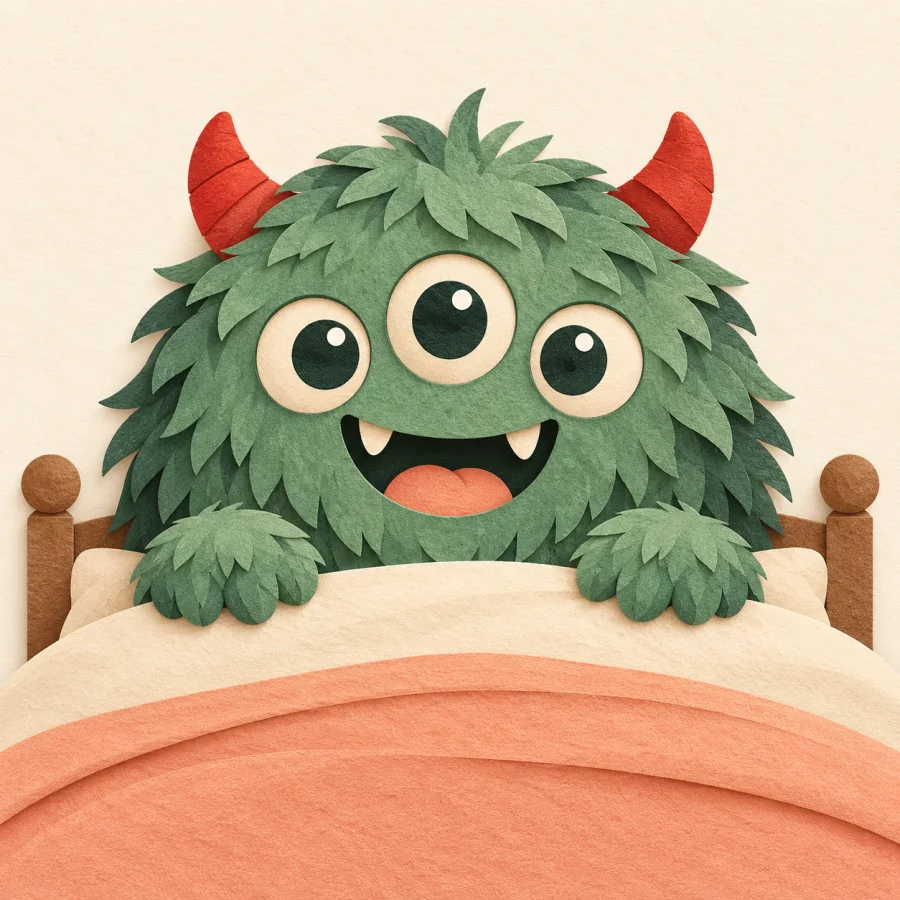A friendly furry three-eyed monster peeks over a bed edge.
