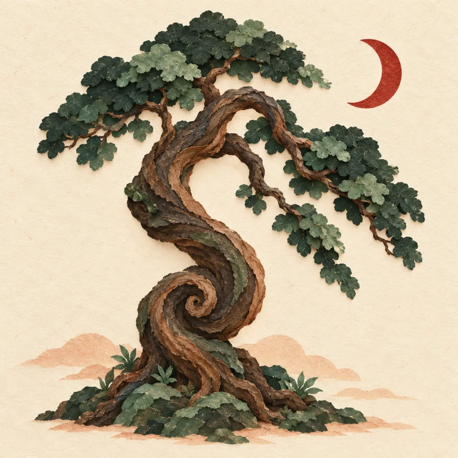 A tree twisted into a spiral under a crescent moon.