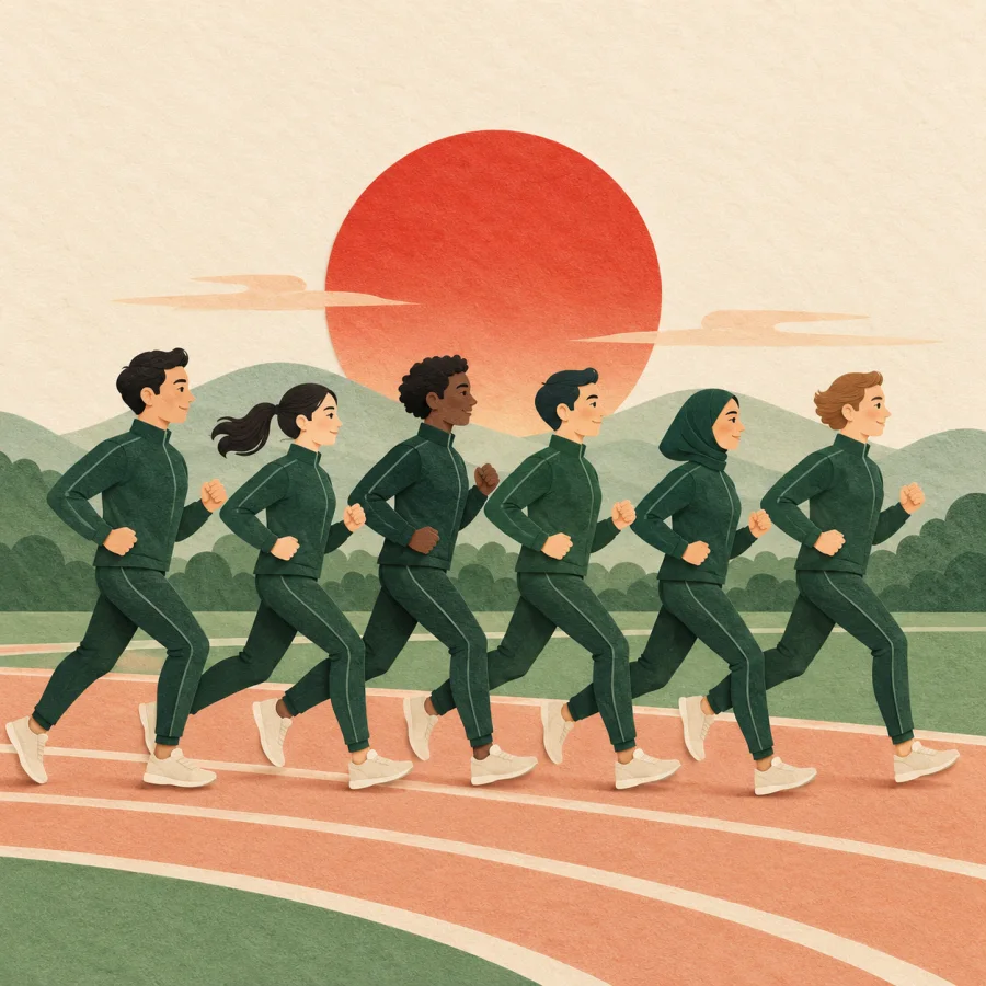 A row of uniformed people jogs in step across a field at sunrise.