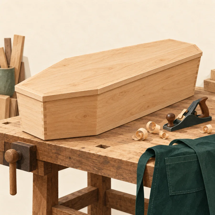 A carpenter's bench with a plain wooden box and wood shavings.