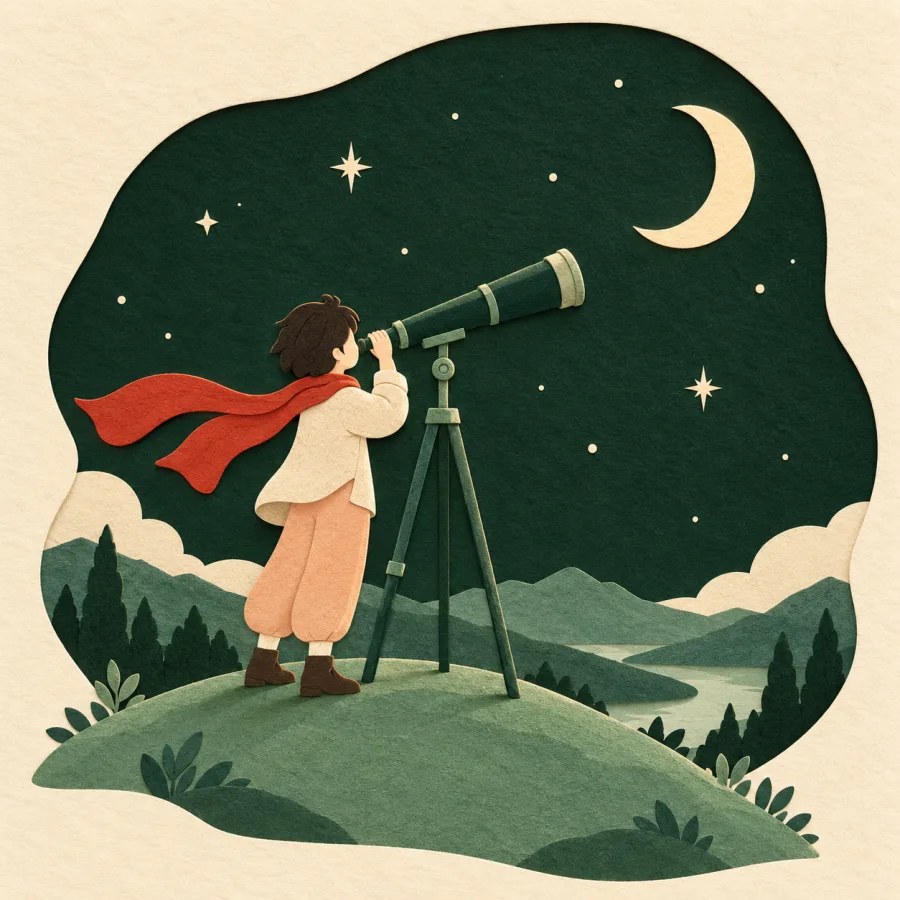 A person looks through a long telescope at a starry sky.