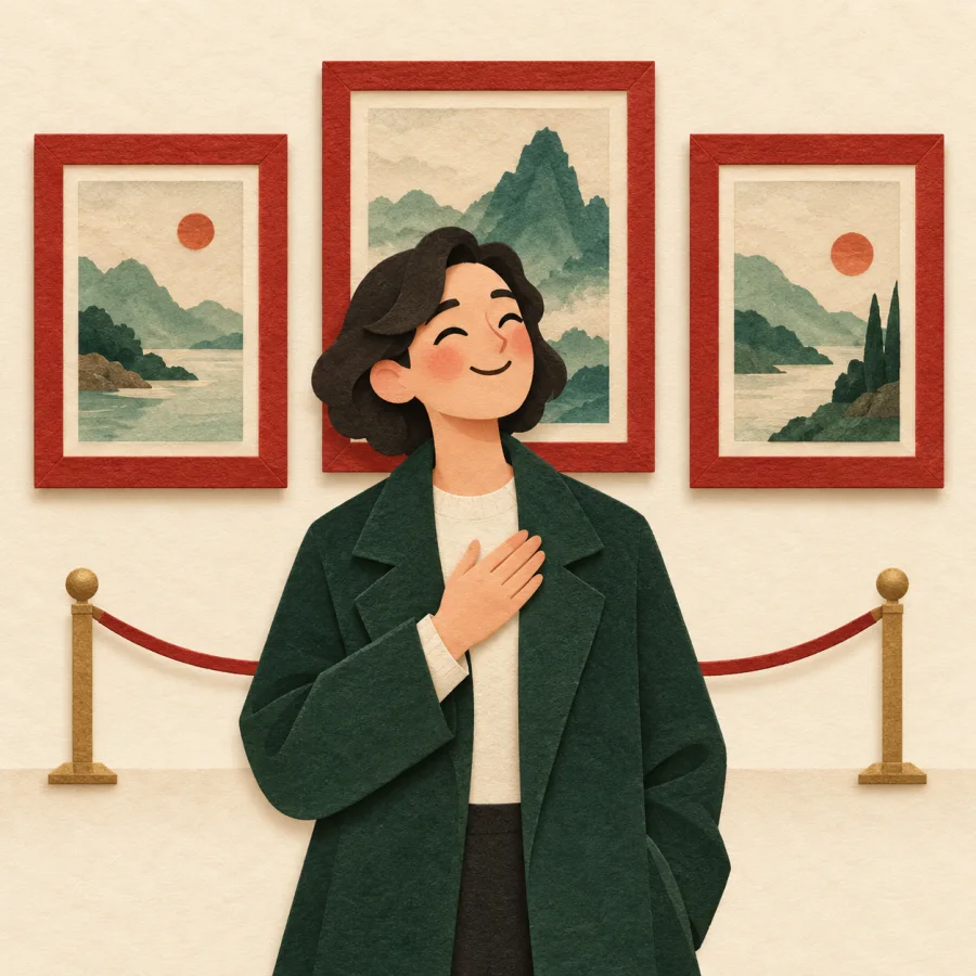A pleased person stands before a wall of framed paintings.