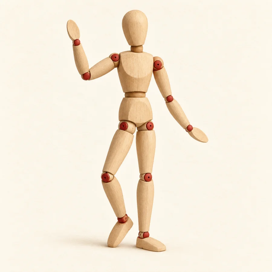 A wooden mannequin with bending elbow and knee joints.