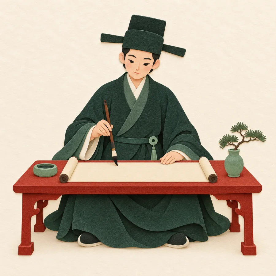 A person in a long robe writes with a brush at a low desk.