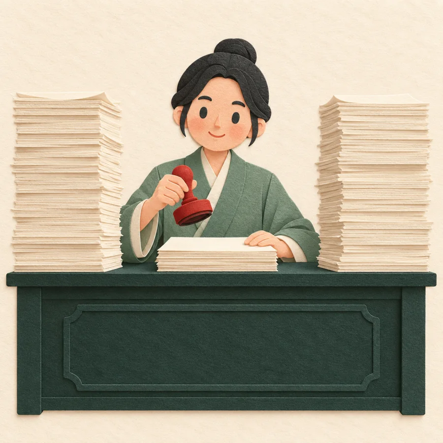 A clerk almost hidden behind stacks of paper holds a stamp.