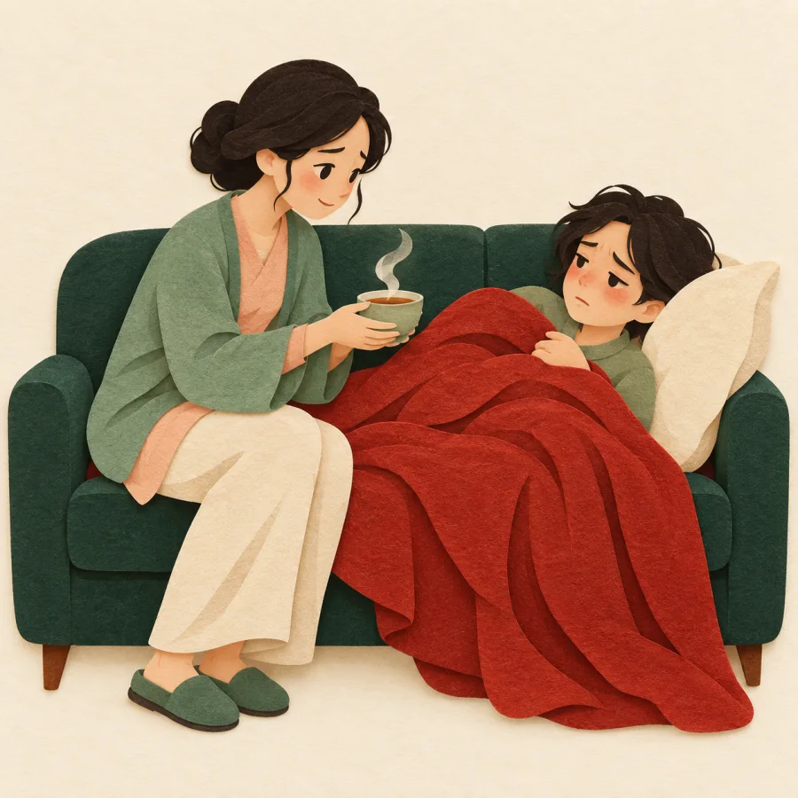 A person offers hot tea to a pale friend on a sofa with concern.