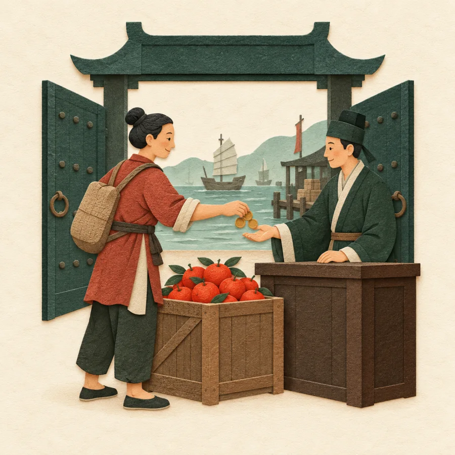 A person hands coins to a clerk at a harbor gate beside oranges.