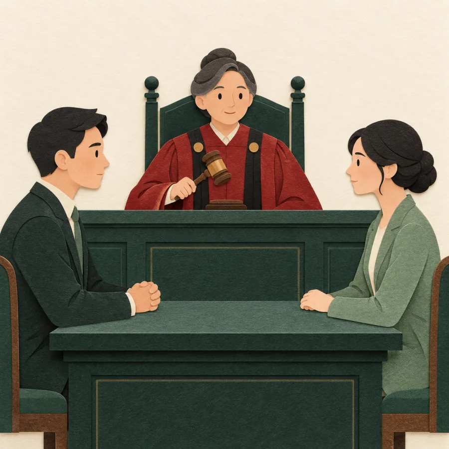 A judge with a gavel faces two people on opposite sides of a table.