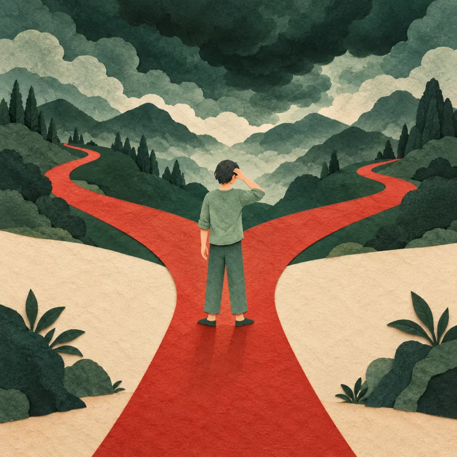 A person at a fork between two paths under a stormy sky.