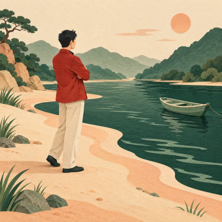 A person with crossed arms stands on a riverbank watching the water.