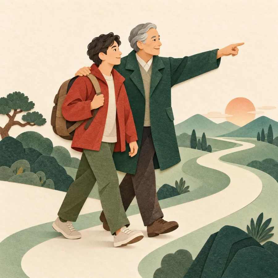 An older person guides a newcomer along a path, hand on shoulder.