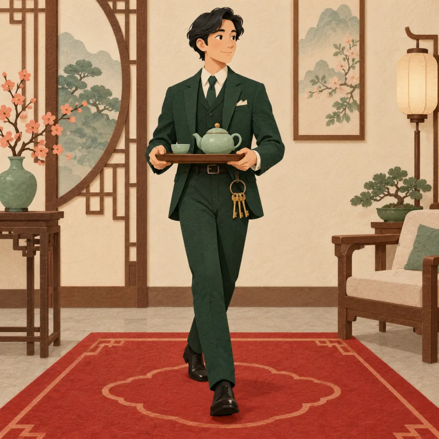 A butler in a dark suit carries a tray with a teapot