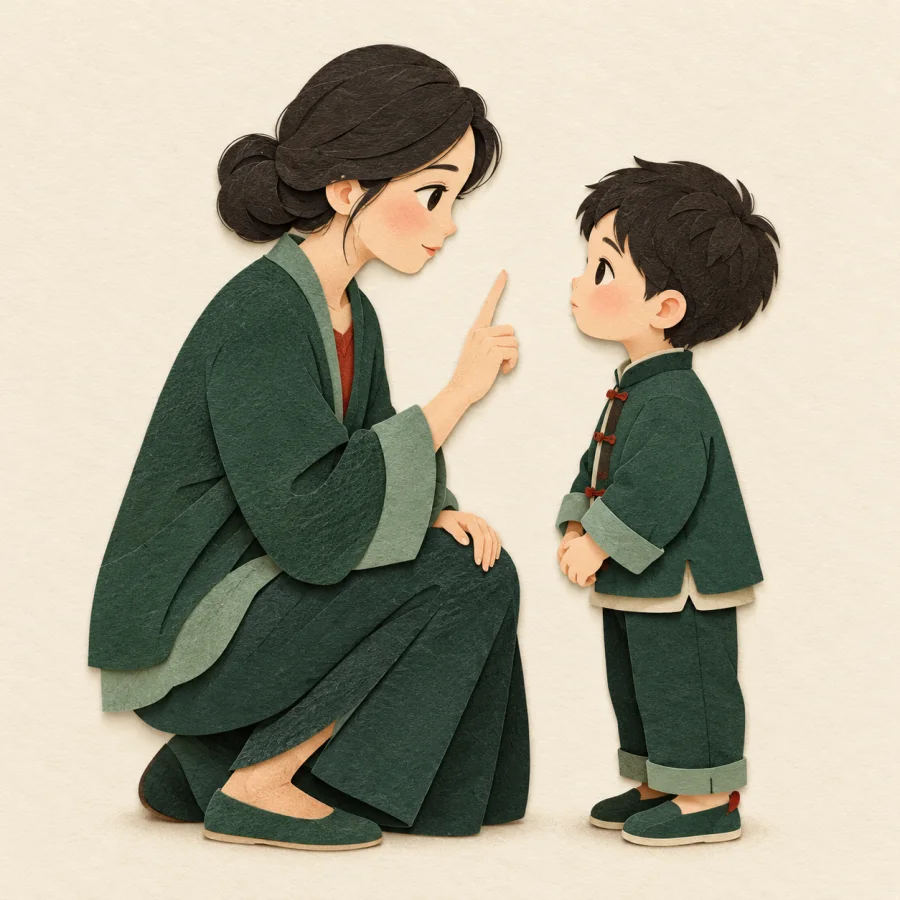 An adult kneels before a child with a raised finger