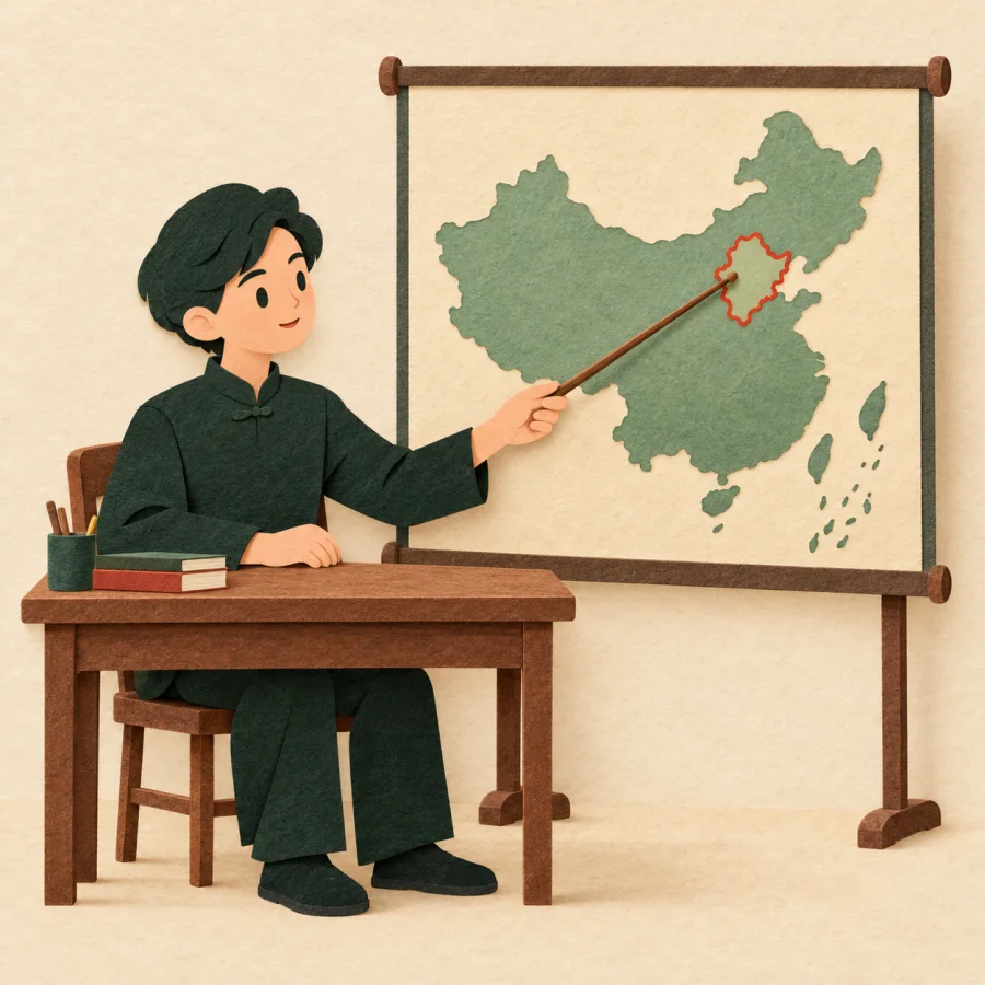 A person points a stick at an outlined area on a map