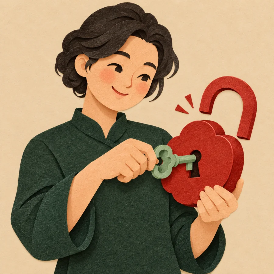 A pleased person turns a key in a red lock
