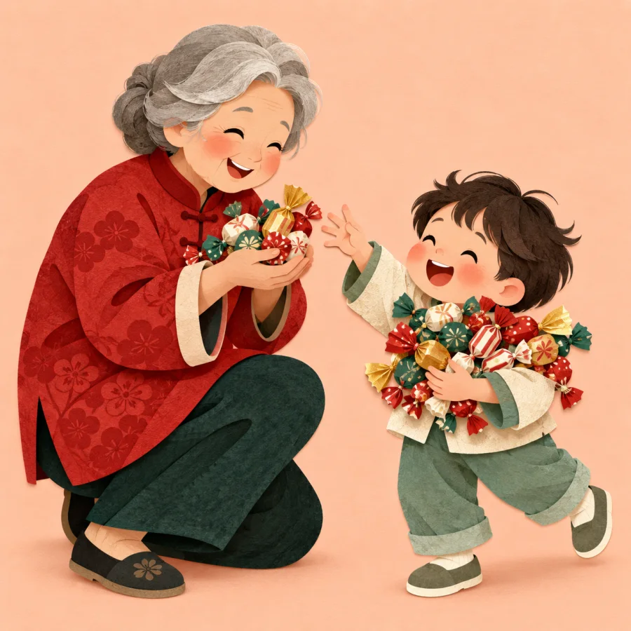 A grandparent gives a child a pile of sweets