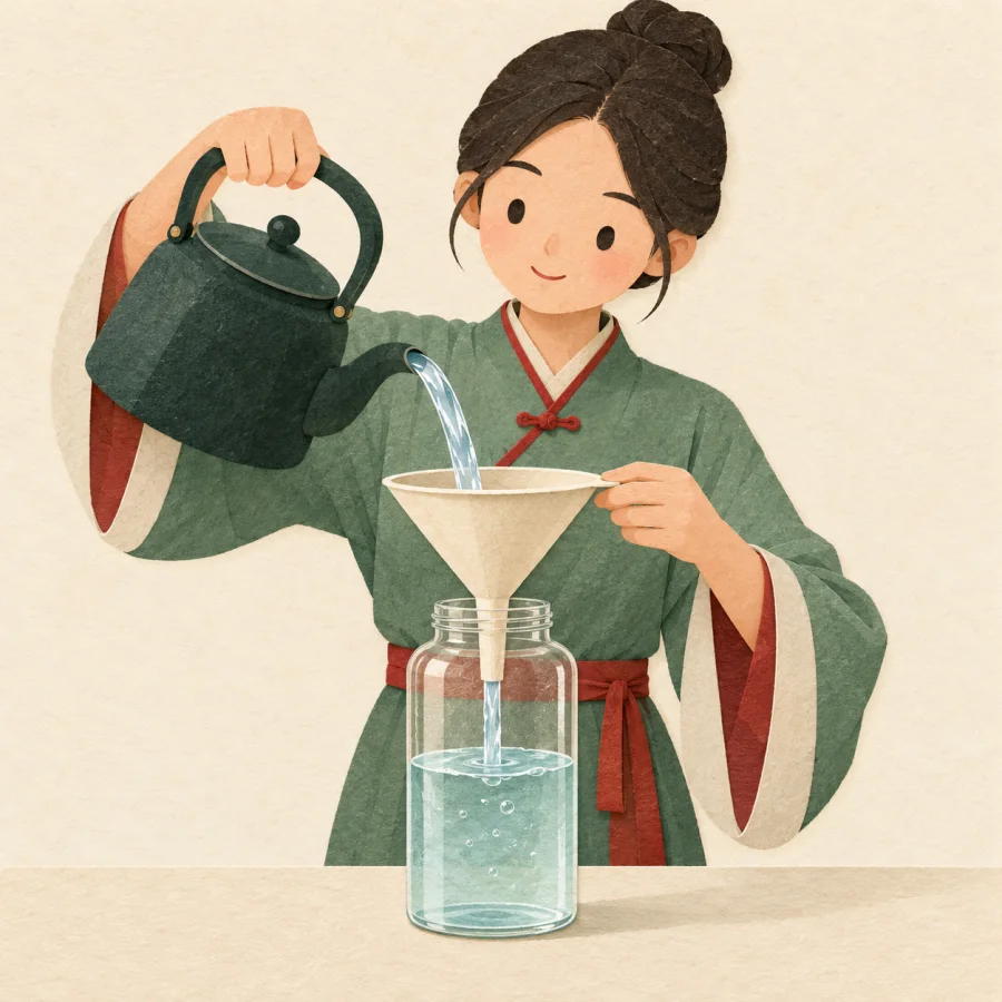 A person pours water through a funnel into a jar