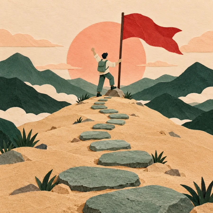 A person plants a red flag at the end of a long path