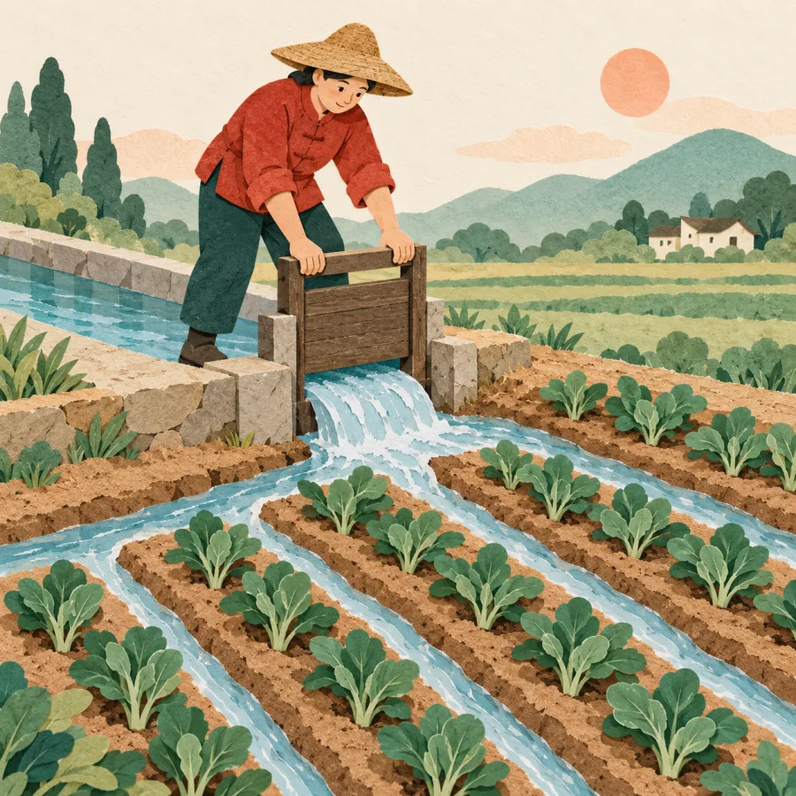 Water flows from a canal onto green crop rows