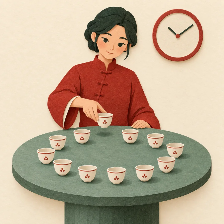 A person adds a cup to a ring of identical cups