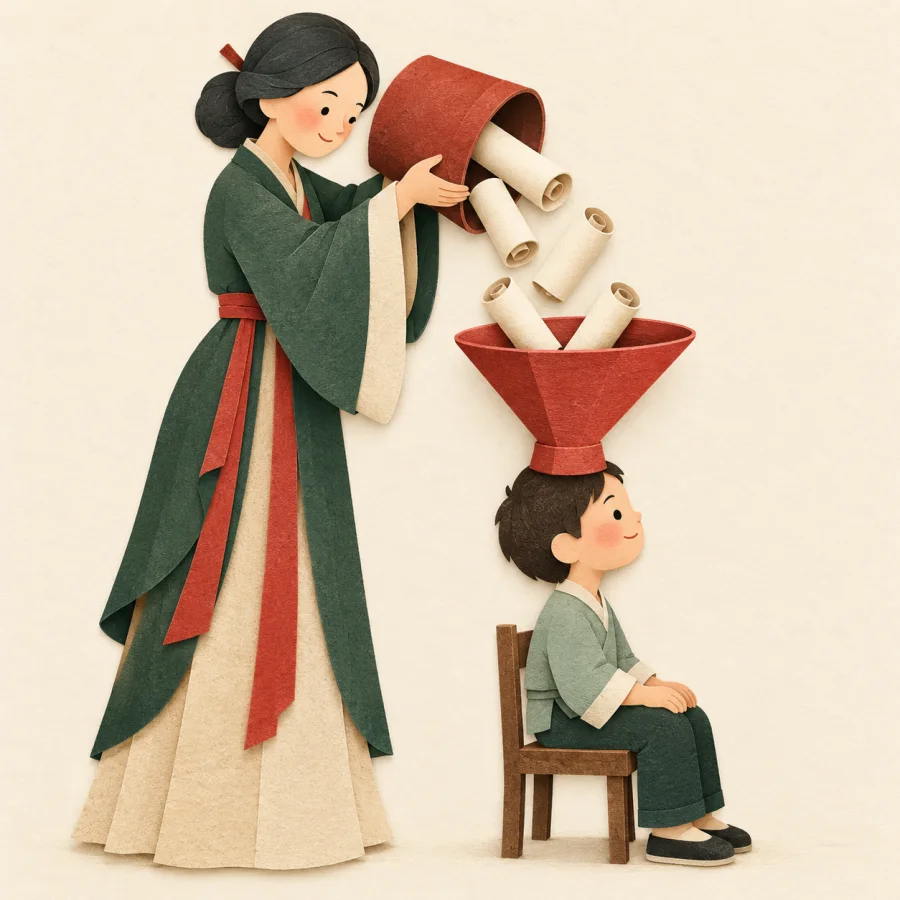 A teacher pours scrolls through a funnel into a student's head