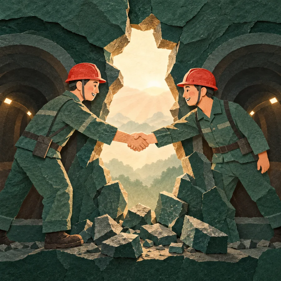 Two workers shake hands through a gap in a tunnel wall