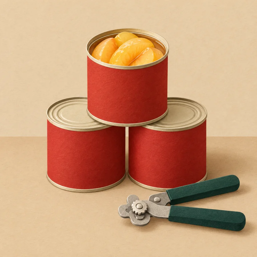 A stack of tin cans, one open with peaches