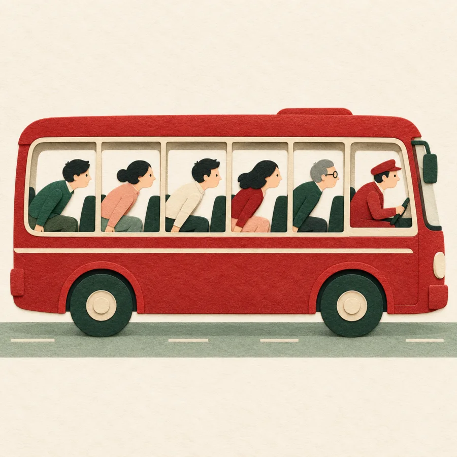 Bus passengers lean sharply forward