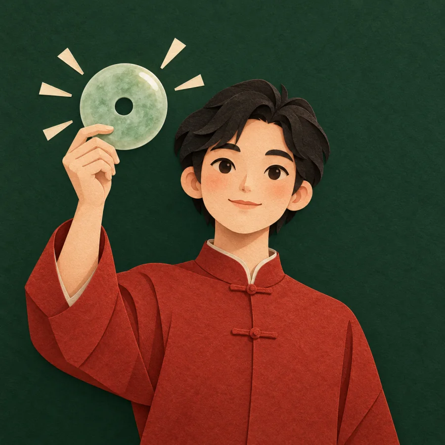 A person holds a jade ornament glowing with soft light