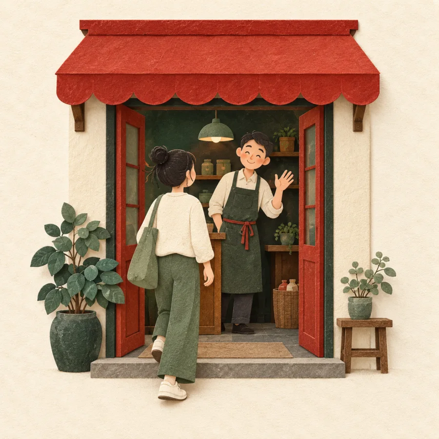 A shopkeeper waves at a customer at the door