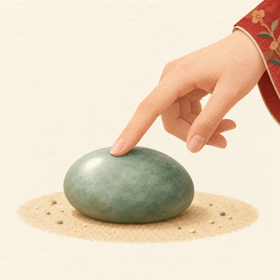 A hand strokes a smooth green pebble on sand