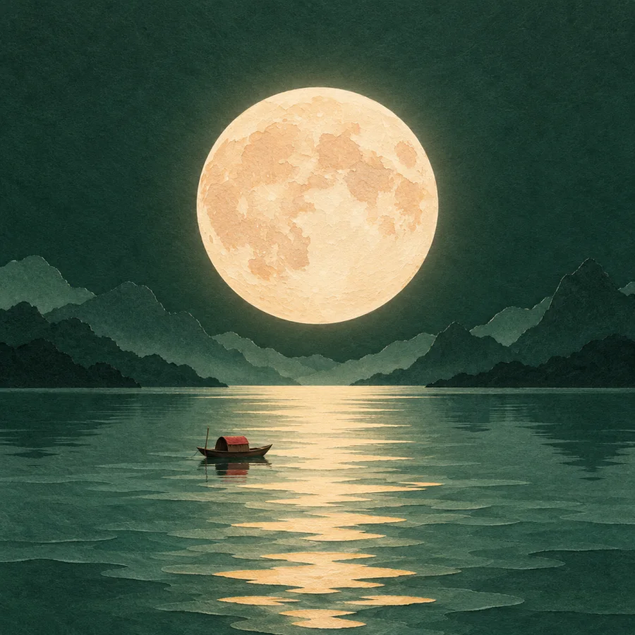A full moon over a still lake with a boat