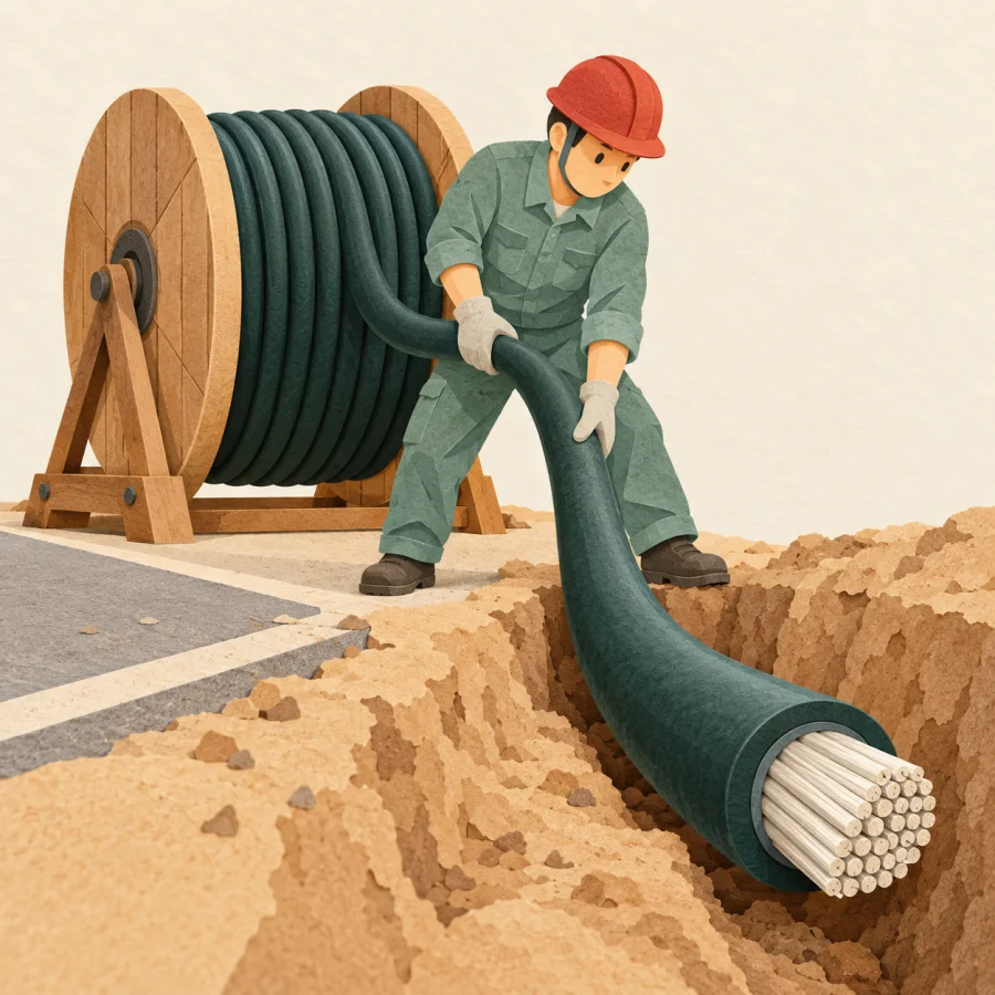 A worker lays thick cable from a reel into a trench