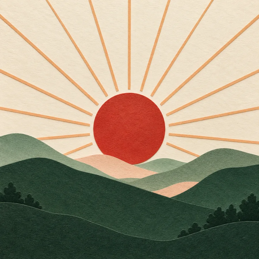 A red sun over hills with rays fanning across the sky