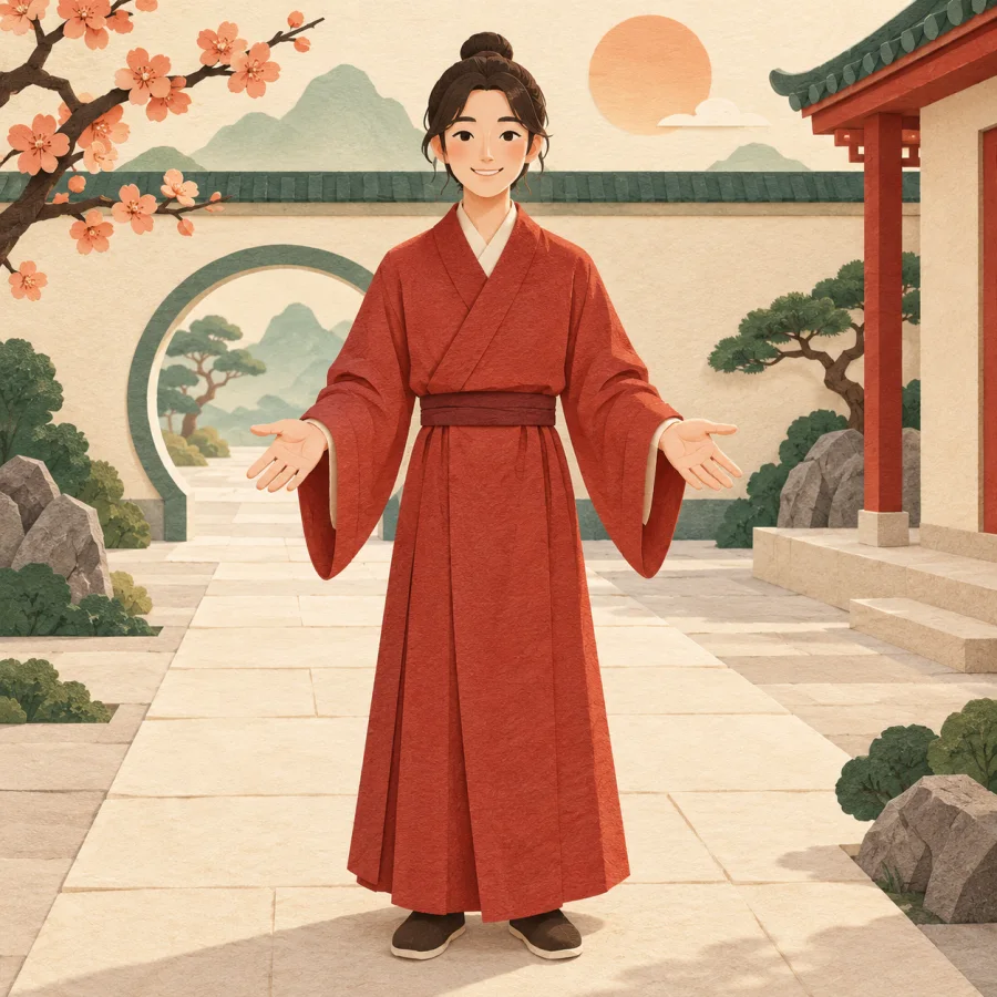 A person stands upright in a courtyard with open empty palms