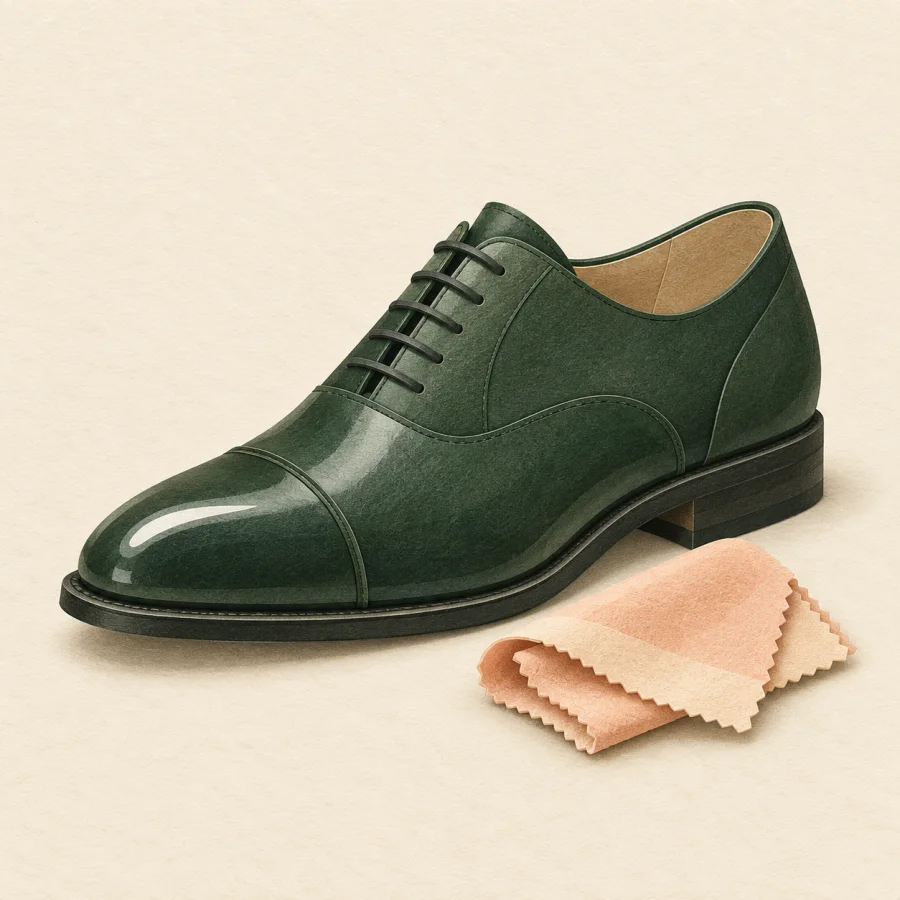 A polished dark green shoe with a highlight and a cloth