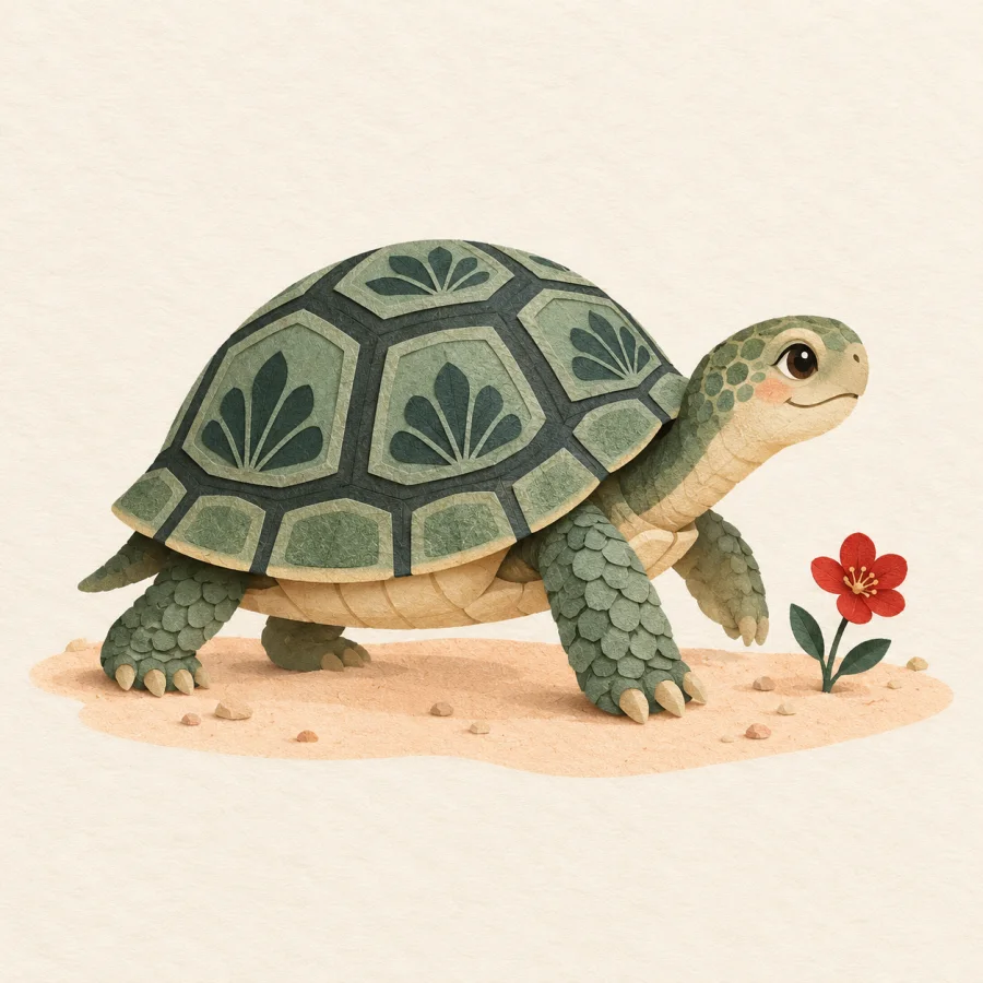 A green-shelled turtle walks slowly on sand