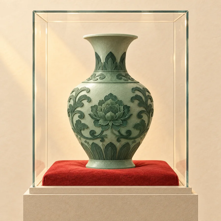 A jade vase on a red cushion under glass
